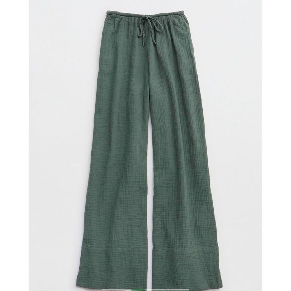 NEW Aerie Women's M LONG Tall Day-Off Pants M Royal Palm olive green Wide leg AE